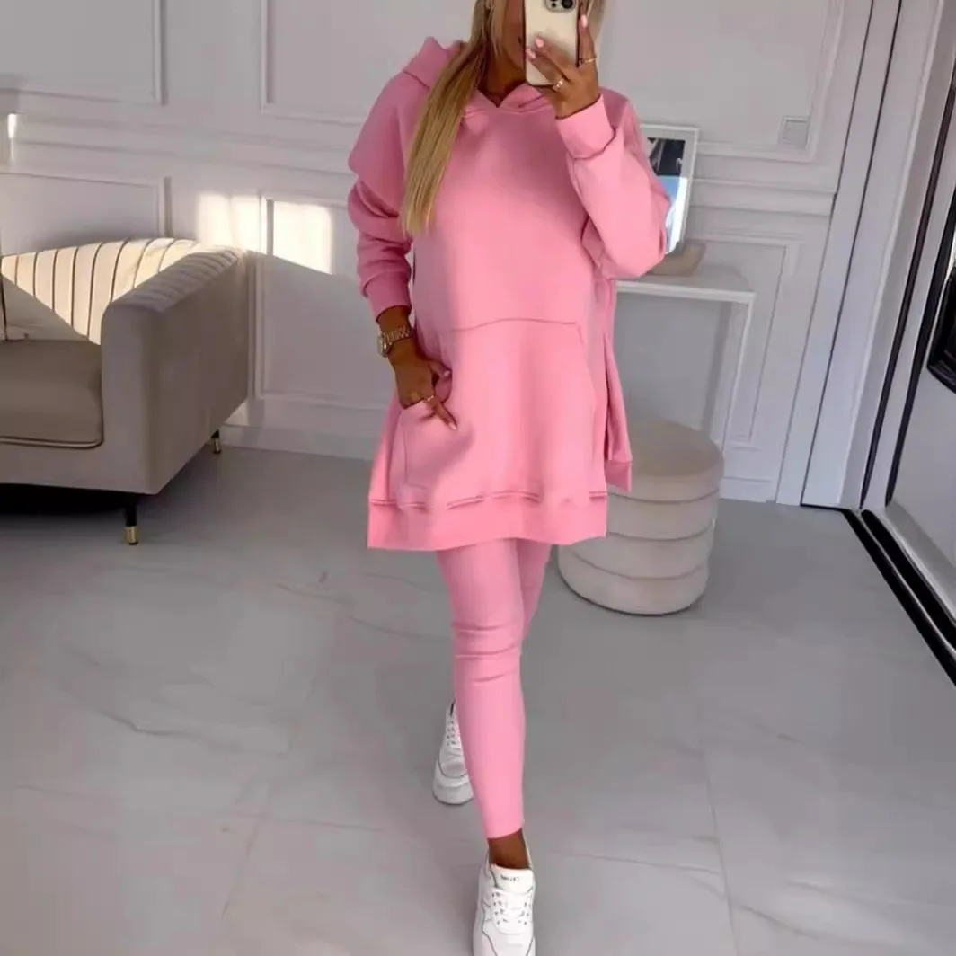 

Трусы Женские Комплект Костюм Женский Спортивный Новый зимний однотонный свитер с капюшоном и длинными рукавами + спортивные узкие брюки