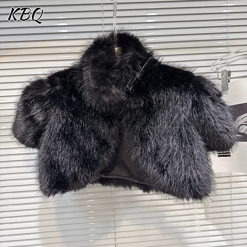 

KBQ однотонное пальто-шаль из искусственного меха для женщин, воротник-стойка, короткий рукав, застежка-застежка, шикарное пальто, женский модный стиль