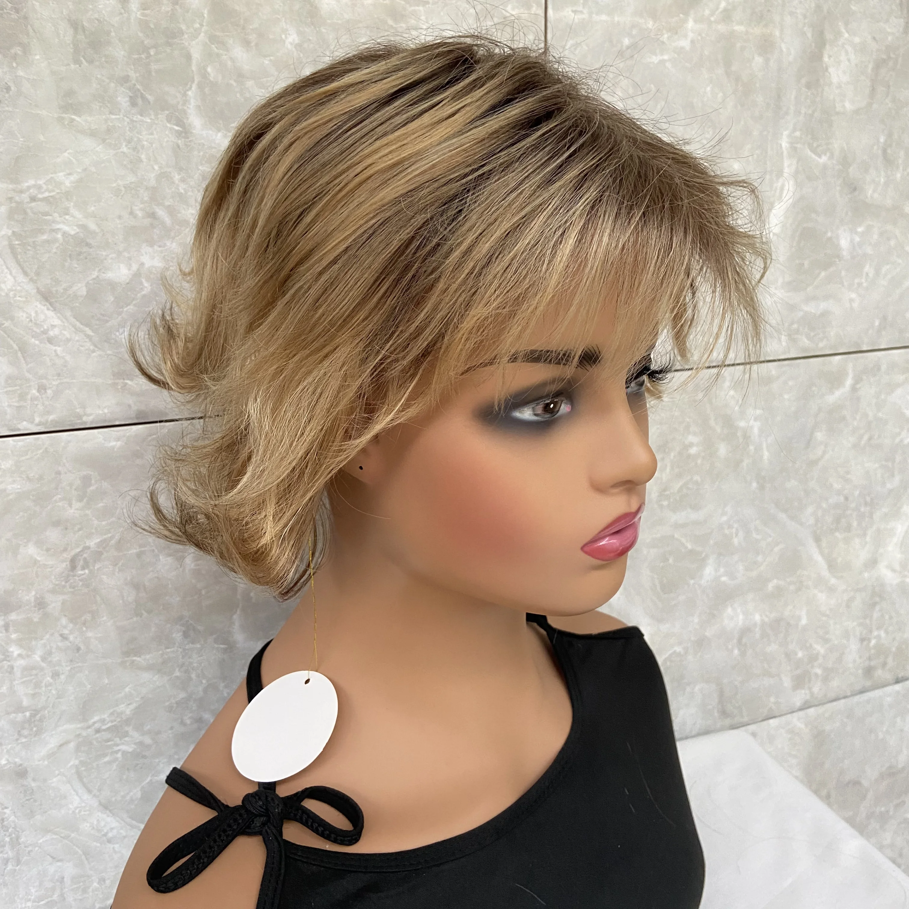 Short Fluffy Wavy layered Cut Human Hair Blend Heat Ok Wig Rooted Blonde Mix Synthetic For Women Natural Dailly