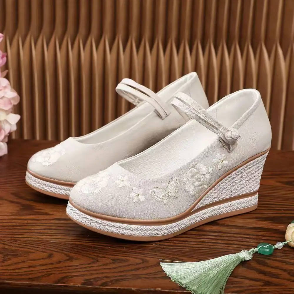 Women Ethnic Style Wedges Embroidered Cloth Shoes Thick Sole Non Slip Breathable Round Toe Shallow Buckle Strap Hanfu Shoes