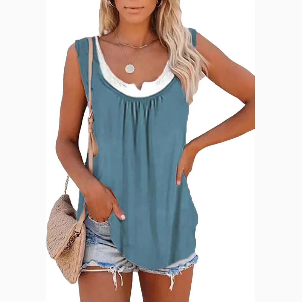 2026 Summer New Arrival Women's Two-Piece Look Sleeveless Tank Top Leaf Print Loose Casual Camisole with Pockets image 3