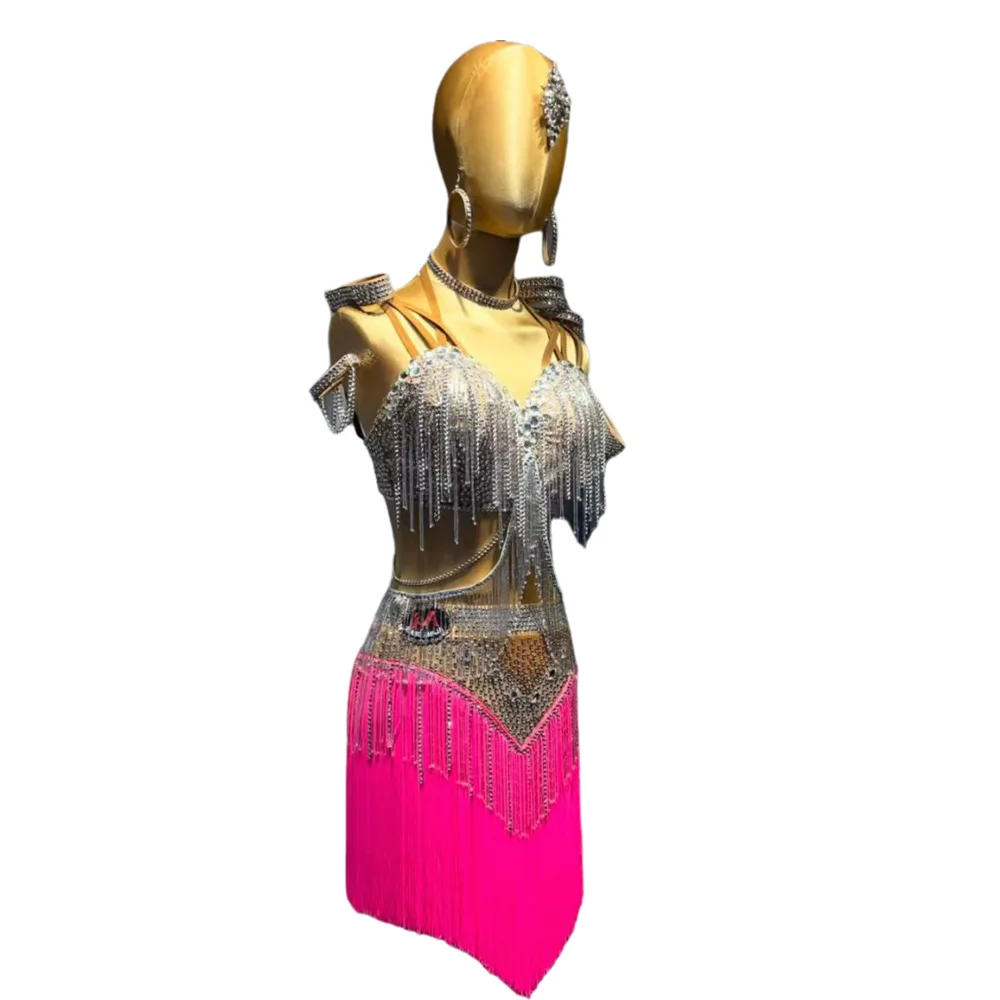 Latin Dancer Adult Children High-End Customized Candy Girl Pink Split Tango Samba AB Stone Performance Dress