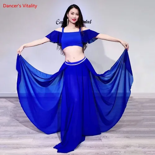 Traje de danza del vientre con tirantes para mujer, Top con mangas y hombros descubiertos, falda dividida, ropa de práctica, ropa de actuación de baile Oriental para adultos