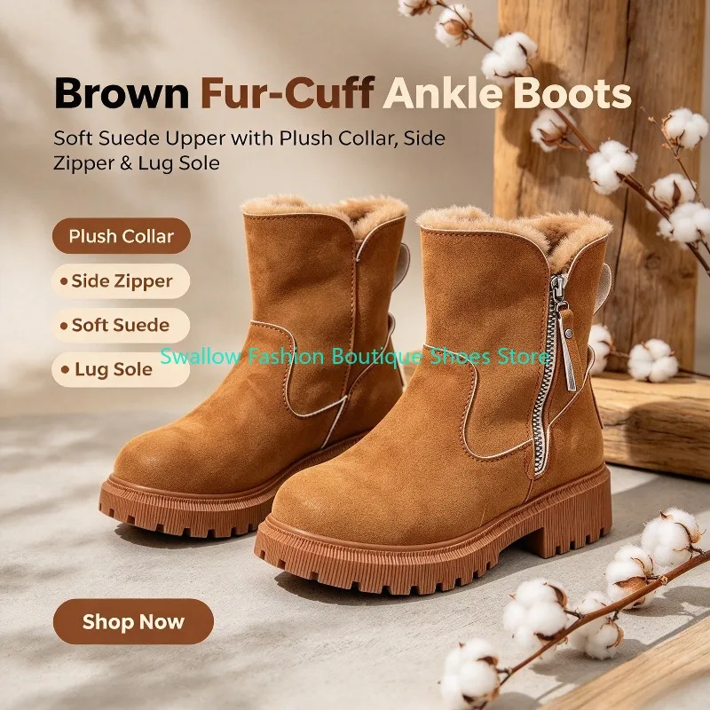 Women's Snow Boots Winter Mid-Tube Plus Velvet Thickened Warm Cotton Shoes Fur Integrated Fashion Platform Female Booties