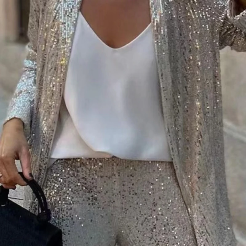 Monochrome Sequin Suit with Beads and Small Lapel, Fashionable Temperament Suits, Medium Long-Sleeved