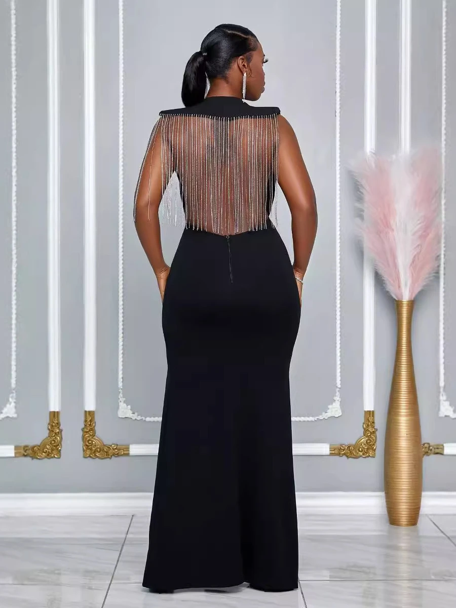 Sexy Hollowed Out High-end Evening Gown Round Neck Diamond Chain High Slit Dress 2024 Summer Fashion Women's Bare Back Vest