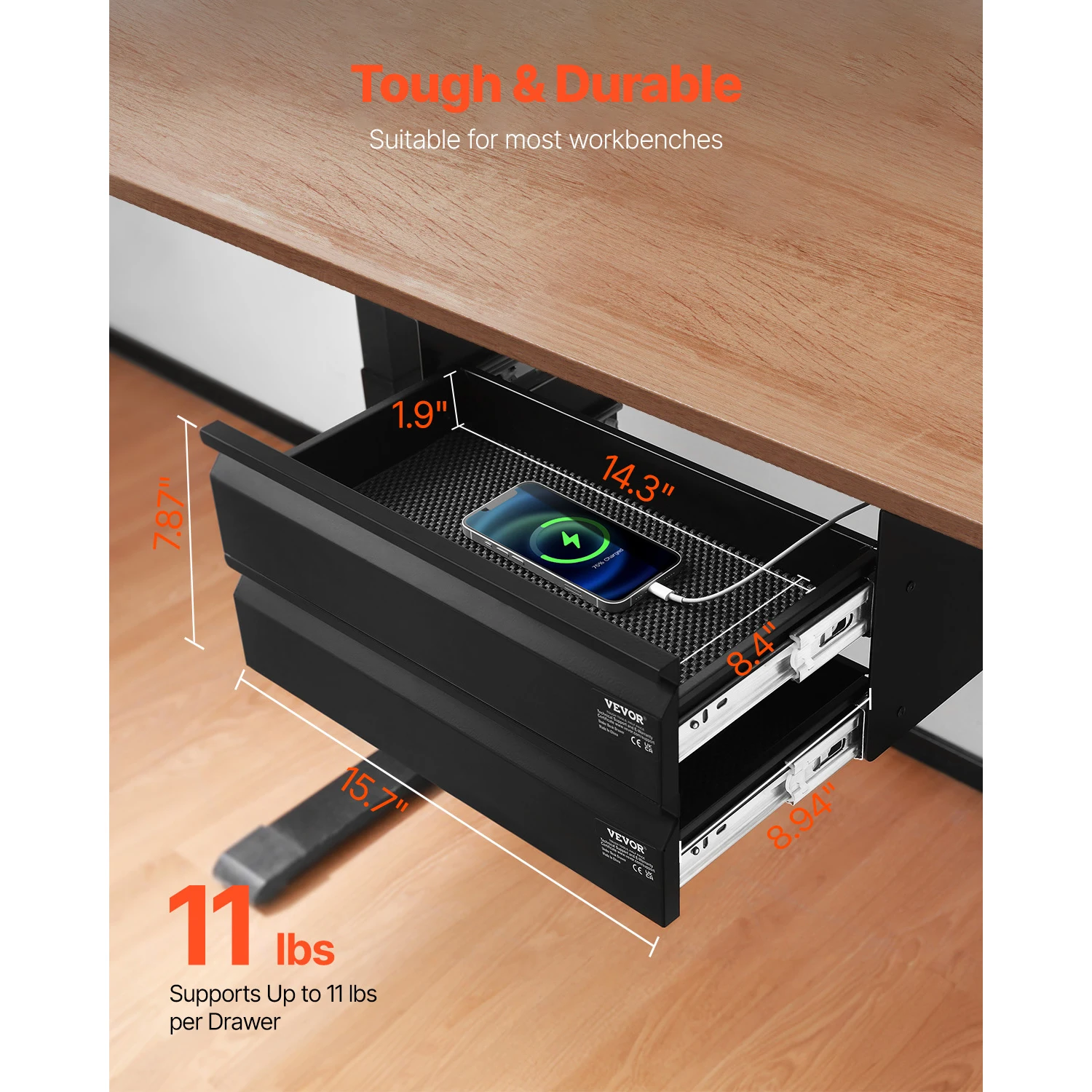 Organizer Mounted Pull-out Undertable Drawer Attachment for Home Office 2 Layer 16in Under Desk Drawer Slide Out Storage