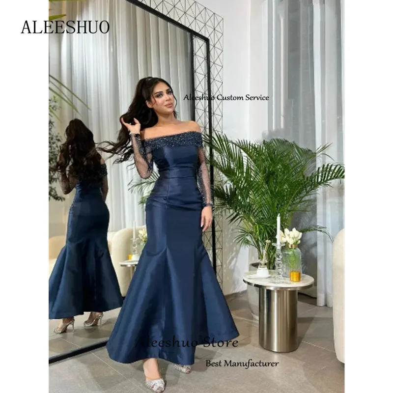 Aleeshuo Elegant Satin Long Prom Dresses Long Sleeves Mermaid Beading Sequined Arabic Boat Neck Evening Gowns Formal Party Dress