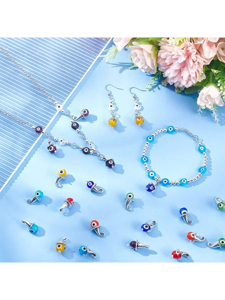 70pcs Evil Eye Charms Witch Hat Pendants Colorful Round Evil Eye Pendant Alloy Pendants with Evil Eye Lampwork Round Bead