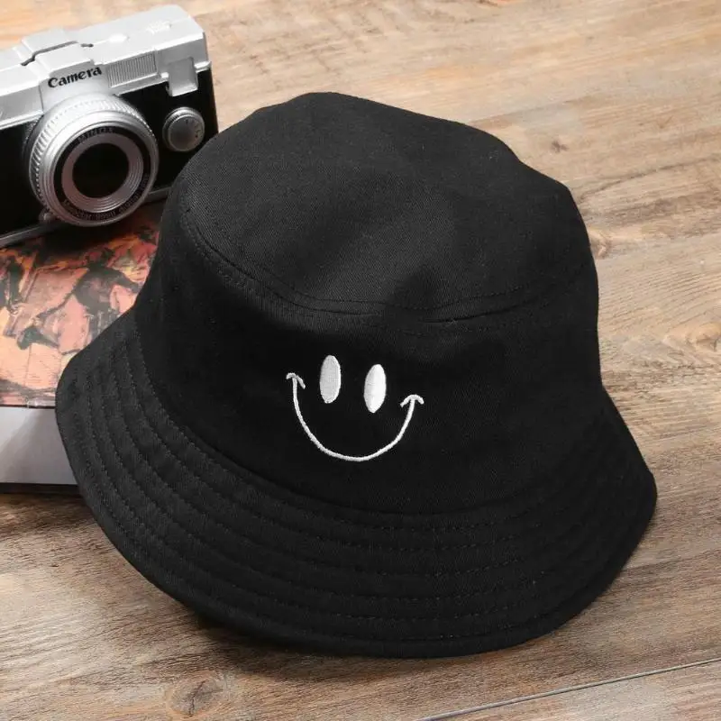 Smile Face Embroidery  Summer Bucket Hat Men\'s Pure Color Panama Fedoras Outdoor Fisherman Hat Visor Basin Cap Beach Hat