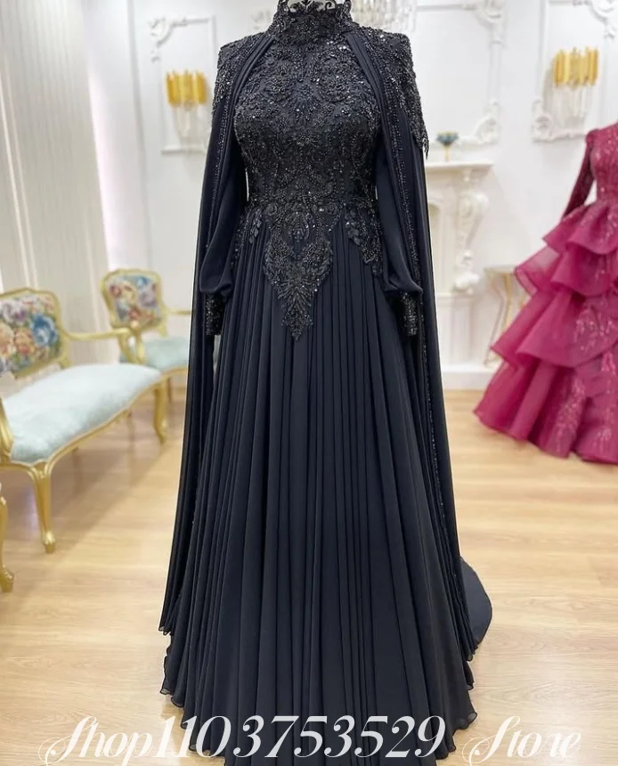 Personalizado de luxo frisado bordado vestido de noite alta pescoço manga longa muçulmano vestido de baile formal ocasião vestido de noite glamouroso