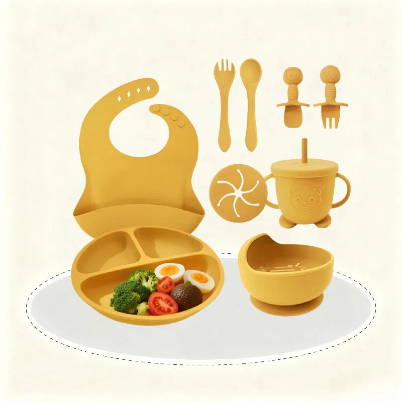 

Children's Silicone Tableware Set Non-slip Suction Cup Design Easy To Clean Baby Food Training Set