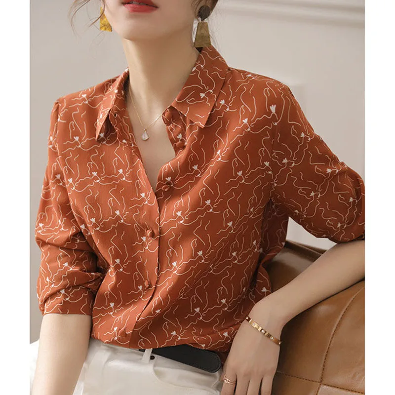 Vintage Printed Lapel Button Loose All-match Shirt Women\'s Clothing 2022 Autumn New Casual Tops Long Sleeve Office Lady Blouse