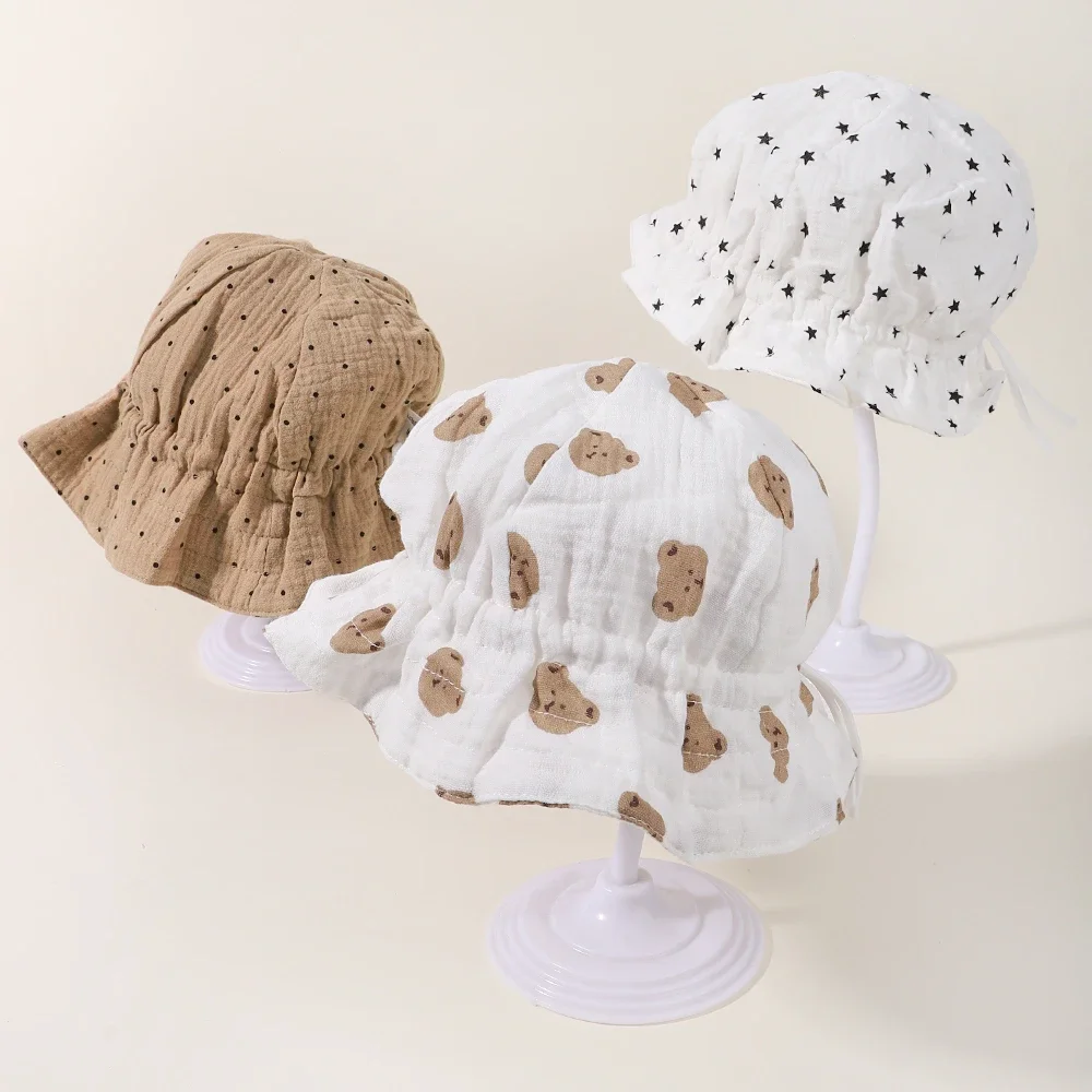 1PC Newborn Kawaii Hat Baby Cute Sun Hats for Girl Soft Cotton Cap Ins Wind Wave Point Adjustable Toddler Bucket Cap