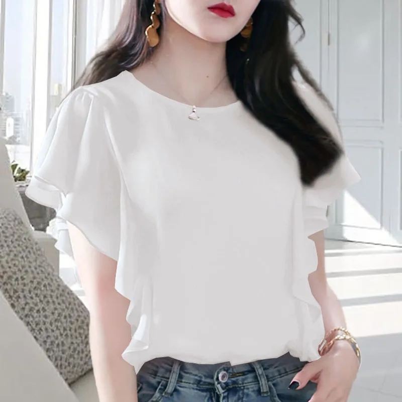 Women\'s Fashion Clothes Butterfly Sleeve Ruffles Patchwork Casual O-Neck Chiffon Blouses 2023 Summer Oversize Solid Basics Shirt