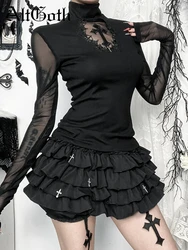 AltGoth Mall Gothic Baisc T-shirt Women Harajuku Cyber Punk Y2k E-girl Streetwear Dark Coss Patchwork Long Sleeve Crop Tee Tops