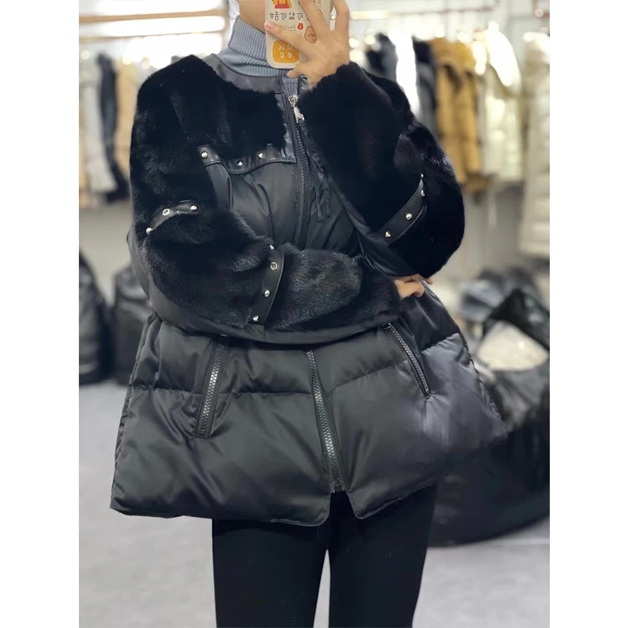 MENINA BONITA 2023 Winter Real Mink Fur Coat Women Natural White Goose Feather Down Jacket Warm Loose Luxury Fashion Streetwear