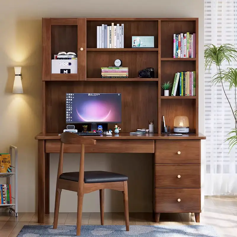 *All-in-One Durable Solid Wood Computer Desk Chair Set Bookshelf Cabinet Easy Assembly-Perfect Bedroom Furniture for Students