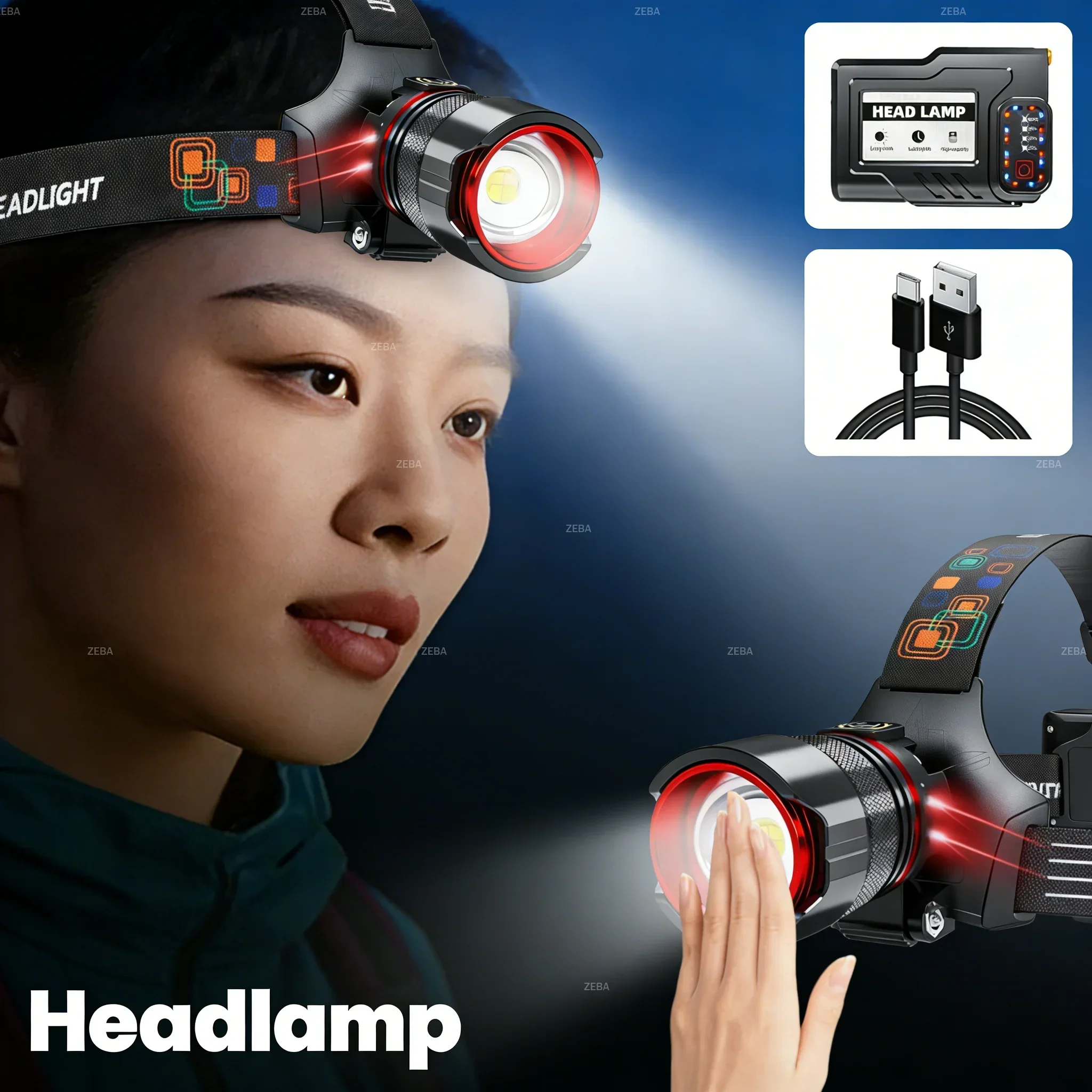 Super Bright Headlamp, Motion Sensor, Zoomable, 12 Modes,990000LM IPX7 Waterproof Head Light for Camping, Running, Emergency