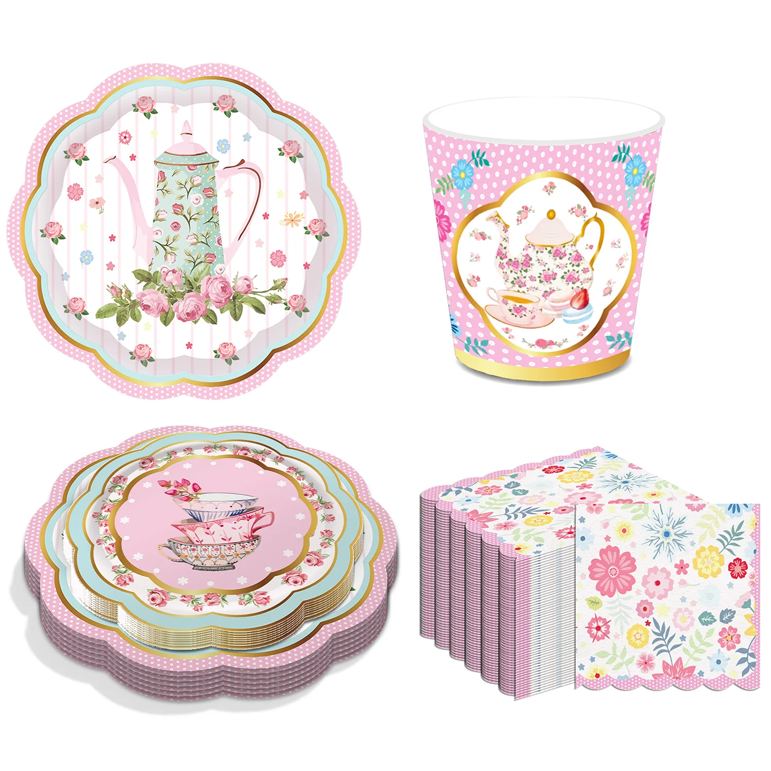 Ensembles de vaisselle jetable pour Tea Party, théière, fleurs, assiettes, tasses, serviettes, décoration de fête pour l'heure du thé et les anniversaires