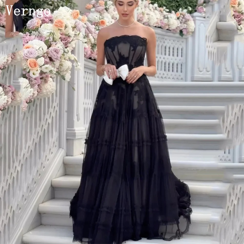 

Verngo Black Tulle Evening Dress Strapless A Line Lace Prom Gowns Women Elegant Arabic Prom Party Dress Customized