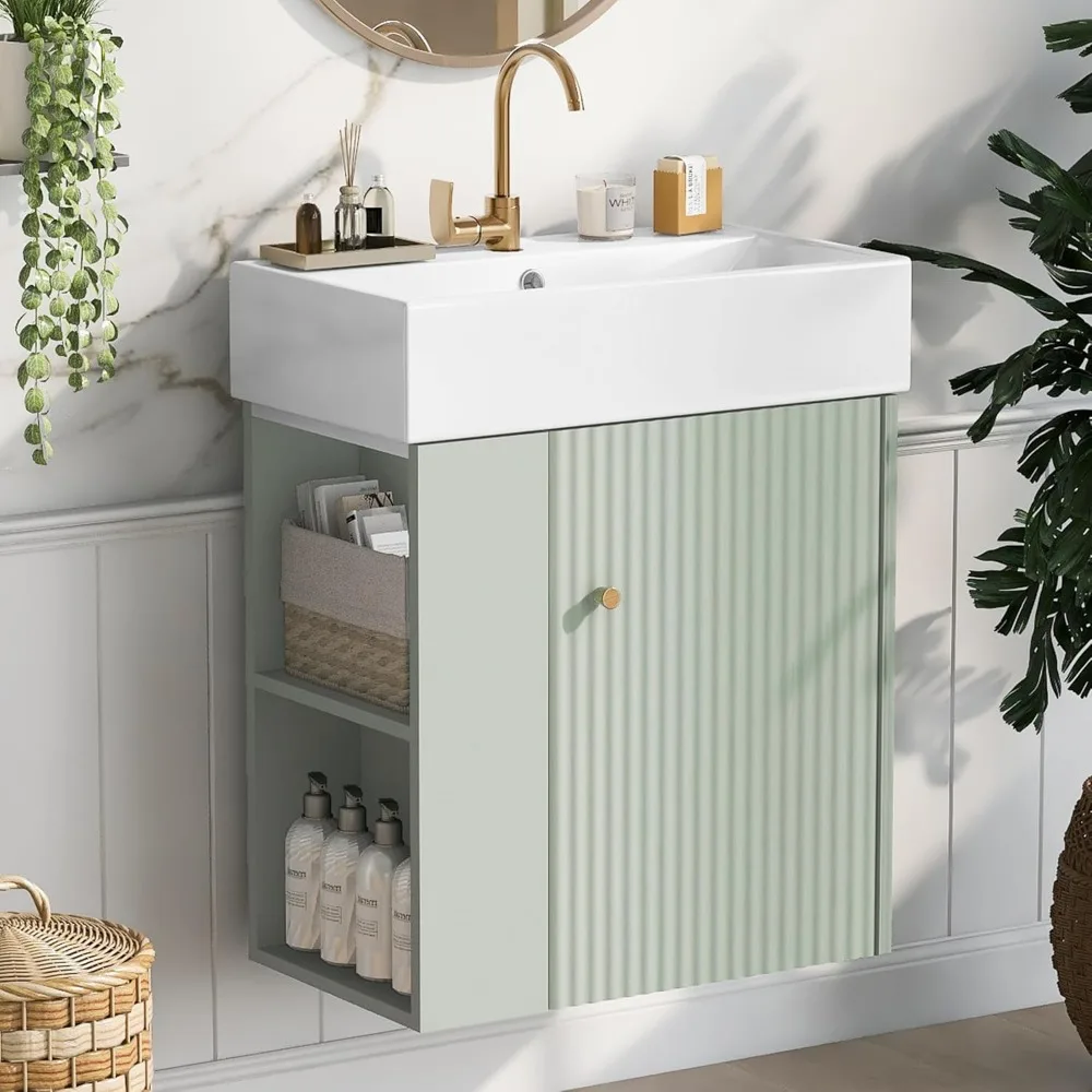 

20" Green Bathroom Vanity, Wall Mounted Floating Vanity with Doors & Open Shelf, Bathroom Storage Cabinet with White Ceramic In