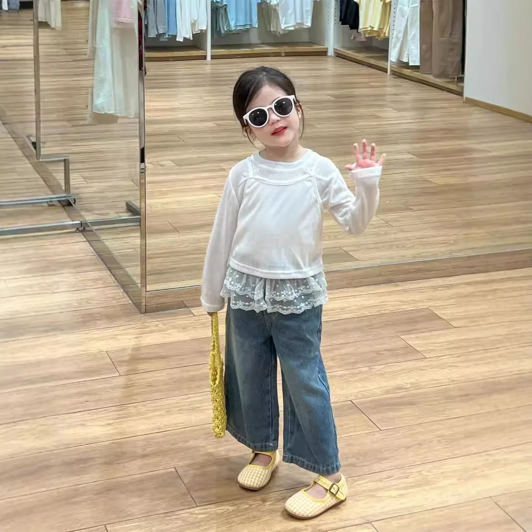 

Girls' Autumn Clothing Sweet Stacked Bow Suspender T-Shirt Two-piece Lace Lace Denim Wide Leg Pants