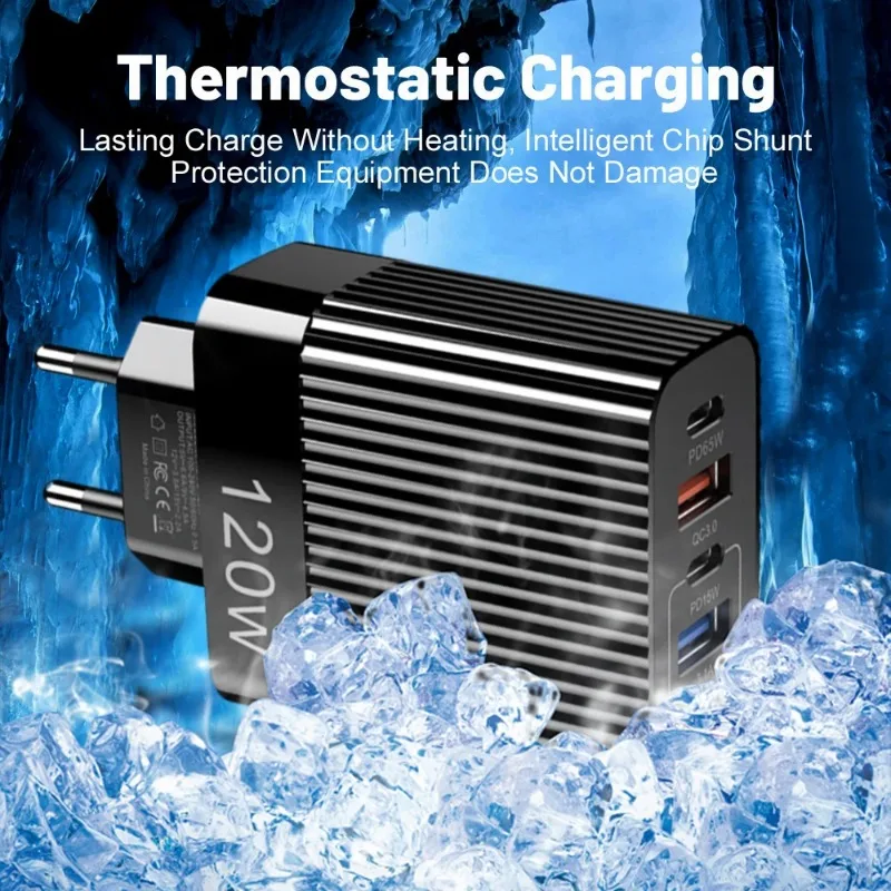 120W Quick Charging Mobile Phone Charger Multiple Ports USB PD Type C Cell Phone Wall Charger Adapter for IPhone Android US/EU