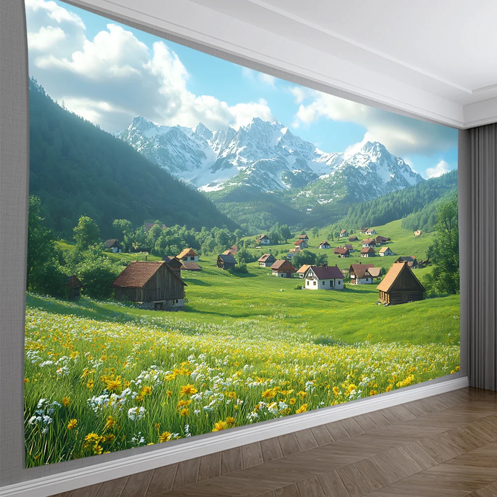 Alpine Village Tapestry, Snowy Mountains with Wildflower Meadow, Ideal for Nature Lovers Living Room Bedroom Wall Decor