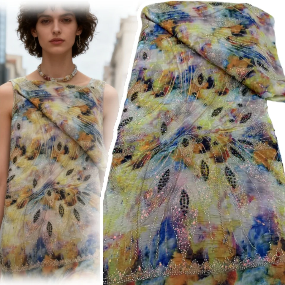 

Роскошная африканская кружевная ткань с блестками и бисером, 2026, высококачественная нигерийская кружевная ткань для женских вечерних платьев, шитье 5 ярдов 1873