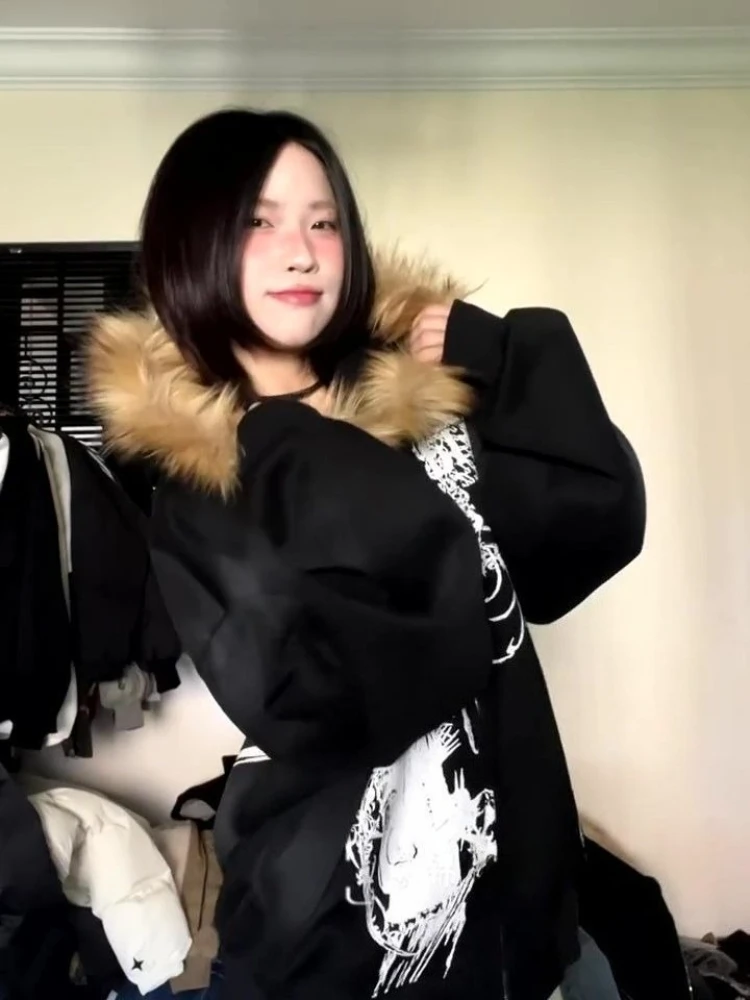 الأمريكية خمر الشرير معطف غير رسمي فو الفراء فضفاض لون نقي شارع العليا سحاب أكمام طويلة الكرتون إلكتروني نمط أبلى الخريف