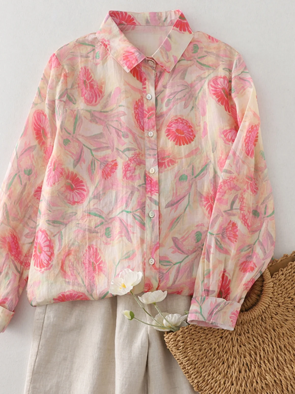 

Pink Floral Linen irt Women's Early Autumn Vintage Loose Casual Collar Long Sve Top Commute Sle Button Detail