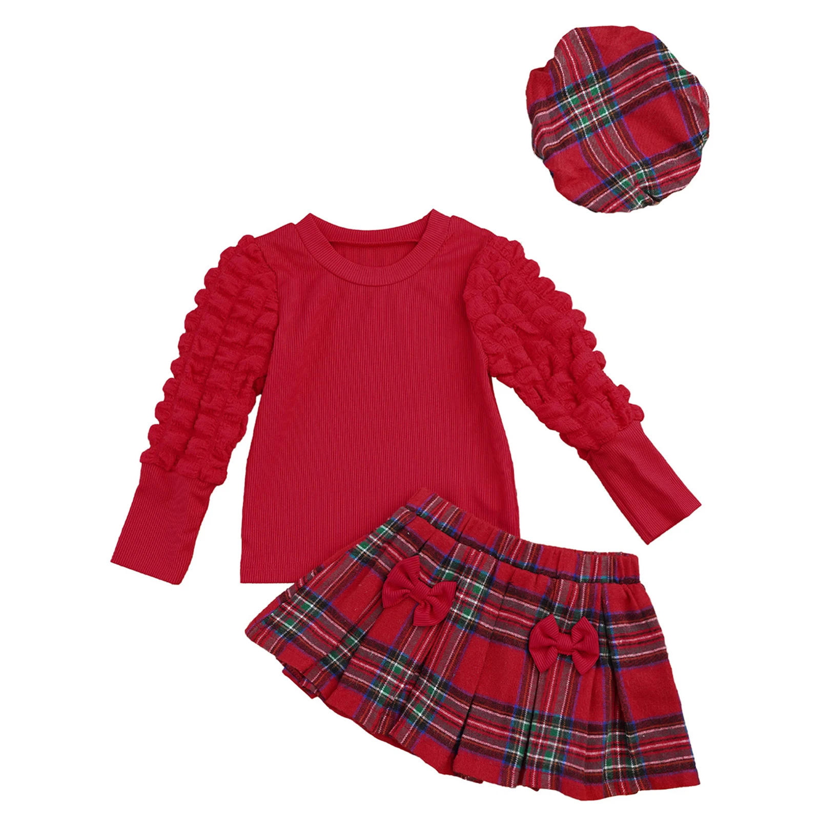 

Toddler Baby Girls 3-Piece Christmas Outfit Long Puff Sleeves Ribbed Top with Skirt And Hat Set Xmas Candy Cane Dress Up Costume