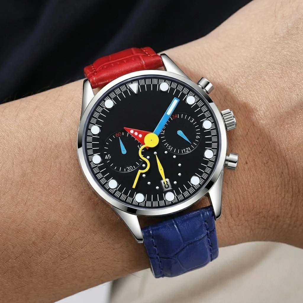 Red Blue Two-color Leather Strap Multifunctional Quartz Watch Men Hot Sell Creative Personalized Unique Men Watch Clock Reloj