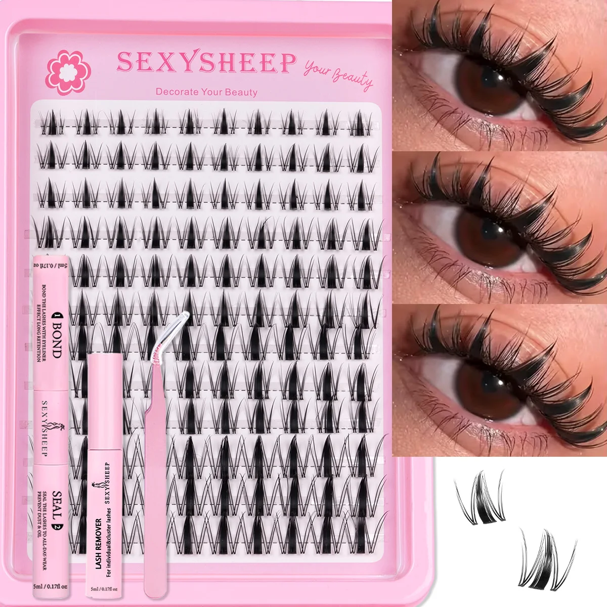 Wimpern-Cluster-Set: Natürliches, flauschiges Wimpernverlängerungs-Kit, Volumen-Einzelwimpern mit Bond & Seal, DIY-Wimpern-Make-up-Tool