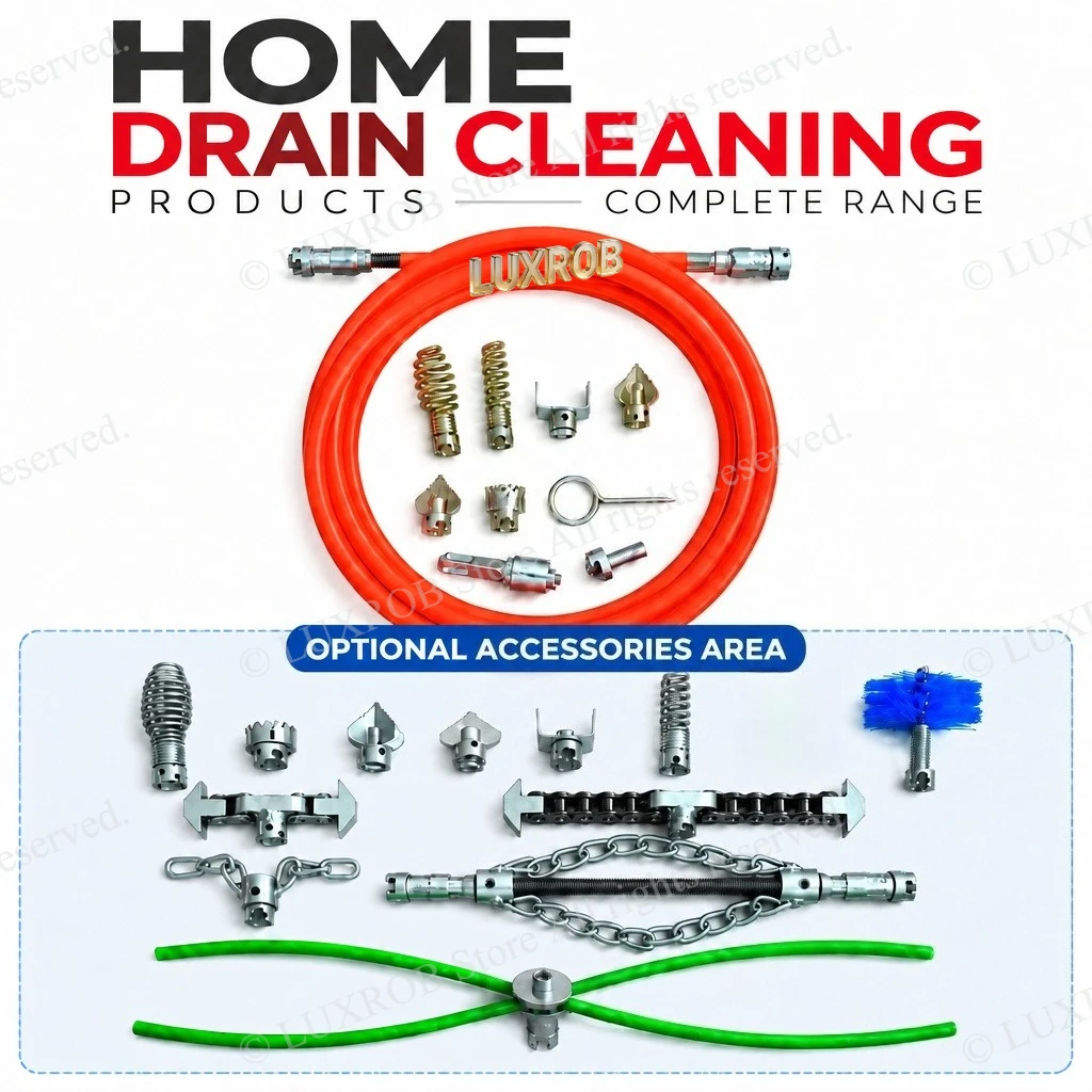 Drain Snake 65Mn Steel Drain Auger Pipe Cleaner, 9 Standard Accessories, Optional 12 Cutter Heads for Sewer Pipe Clog Removal