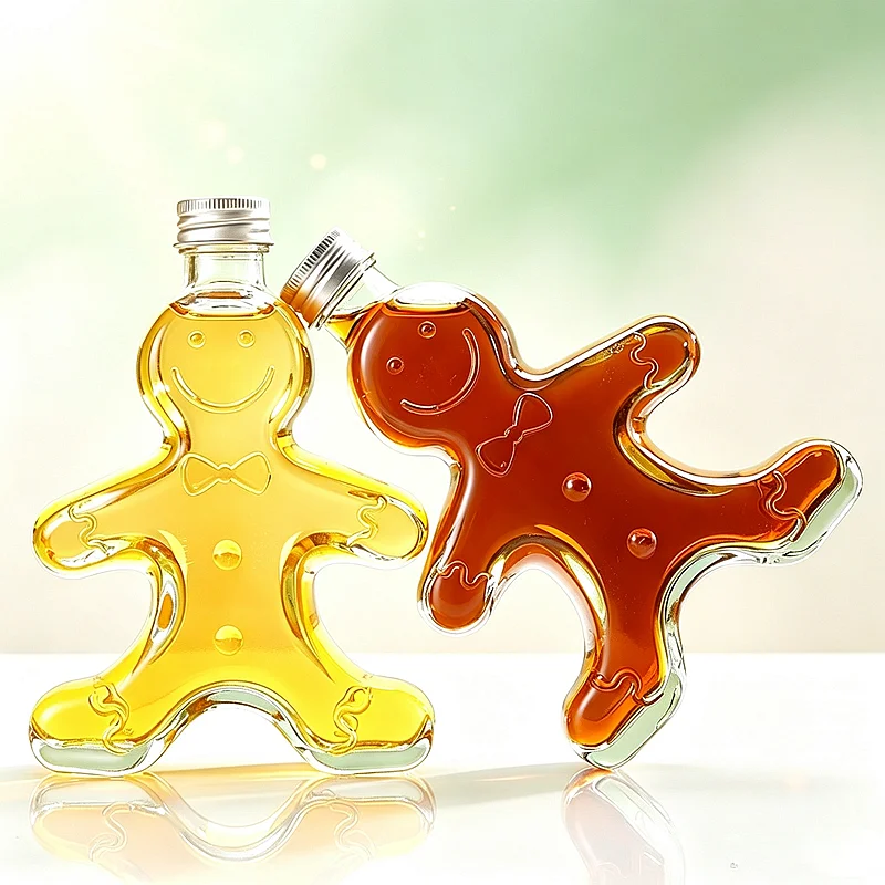 50 Pack 250ml Gingerbread Man Glass Bottles Christmas Beverage Liquor Syrup Honey Storage Bottle With Aluminum Lid Holiday Gift