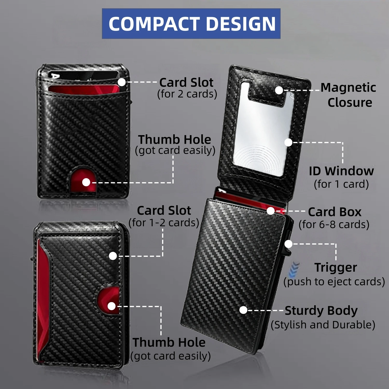 Men's RFID Blocking Card Holder, Carbon Fiber Texture PU Leather Slim Wallet with Pop-Up Card Case, ID Window, Magnetic Closure