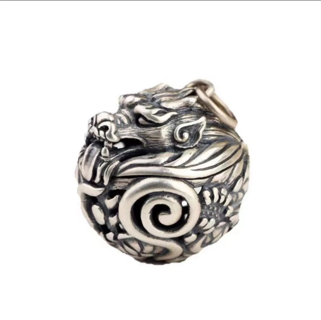 Vintage Silver Color Panlong Dragon Pendant Necklace Openable Cover Aromatherapy Ball Gawu Box Pendant Necklace Retro Jewelry