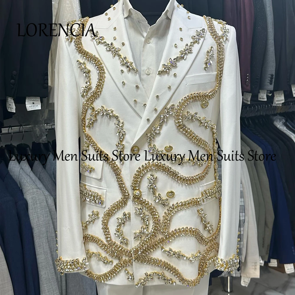 

Gorgeous Rhinestone Men Suits 2 Pieces Double Breasted Glitter Tuxedos Male Wedding Clothes Customized Blazer Pants ropa hombre