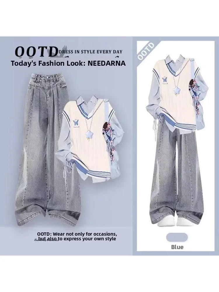 

Soft Embroidered Knitwear Vest Set College Sle Spliced Color Women's Faion Long Sve Collar Polyester Fabric Vest Set