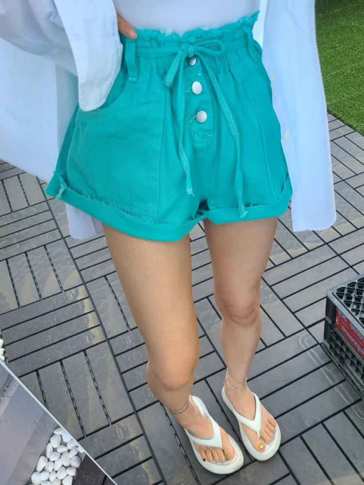 

Korean Sle High Waist ort Jeans Women's Summer New Faion Adjustable Bule Rope Tie Hot Pants Straight Leg Trendy orts