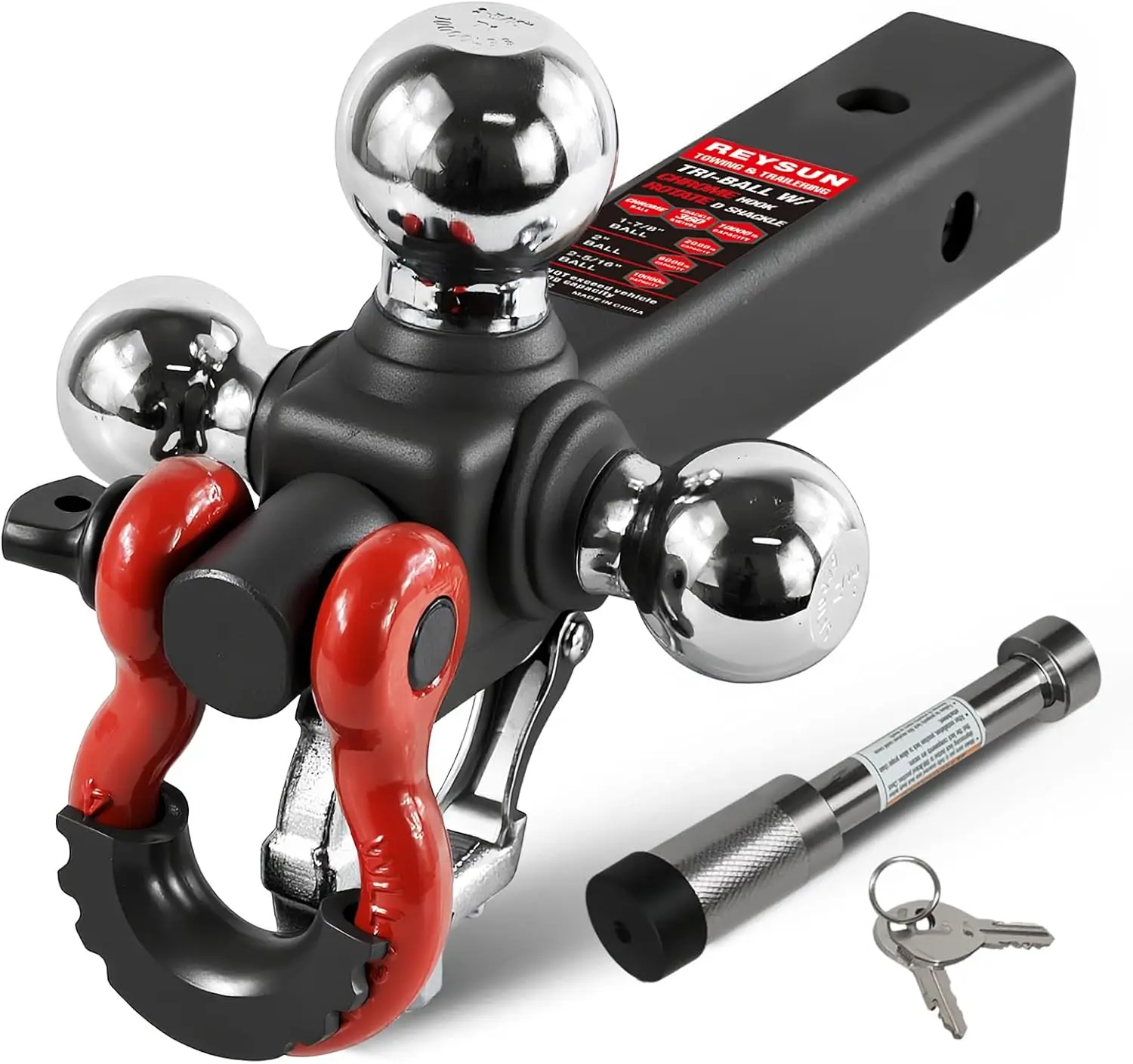 

Tri-Ball Trailer Hitch Mount with Swivel Tow Shackle & Hook, Fits 2-inch Receiver, Chrome Balls 1-7/8", 2", 2-5/16" & Lock Pin