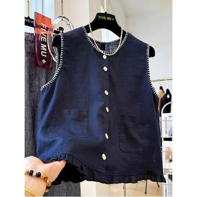 Elegant Vests O-neck Frilled Trim Casual Korean Style Sleeveless Tops Single-breasted Shirts 2026 Summer Sale Women Clothing