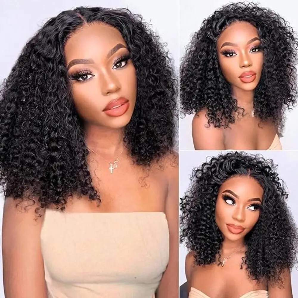 Afro Kinky peruca de cabelo humano para mulheres negras, 180 densidade, brasileiro, glueless, máquina completa feita, forma de V, 16"