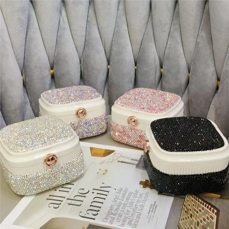 Luxury Traveling Portable Jewelry Box Glass Rhinestone Handmade Ring Necklace Earring Organizer DIY Mosaic Handcraft Bling Gift