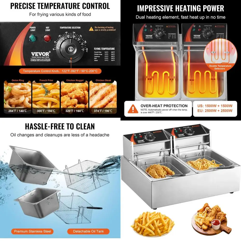

Dual Tank Electric Deep Fryer, 3000W Countertop Model, 2 x 9.1Qt Stainless Steel, Temperature Control & Overheat Safety for Comm