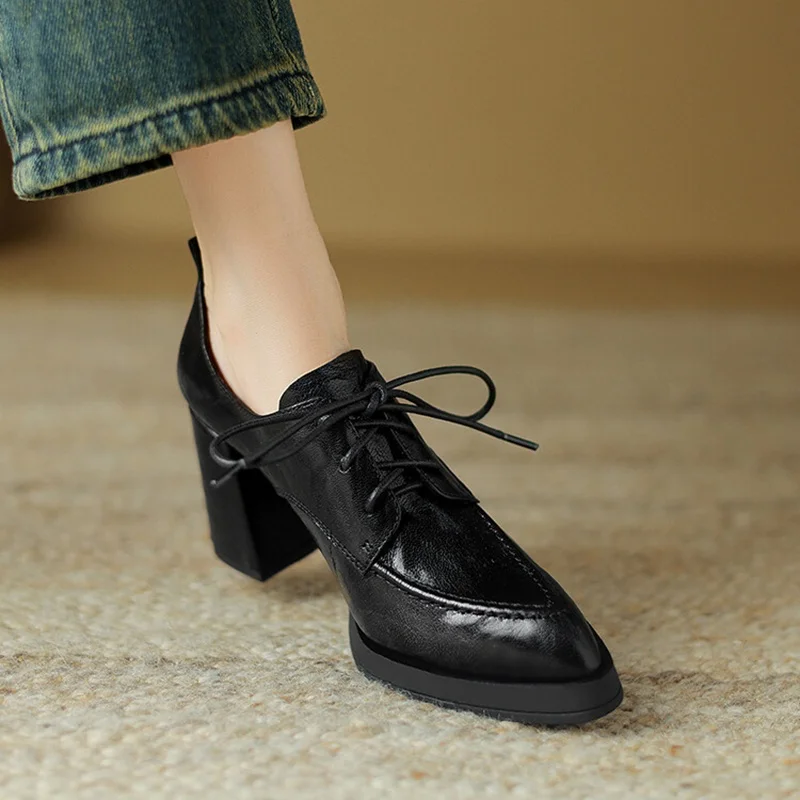 NEW Spring/Autumn Women Shoes Pointed Toe Chunky Heel Shoes Genuine Leather Shoes for Women Retro Lace up High Heel Women Pumps