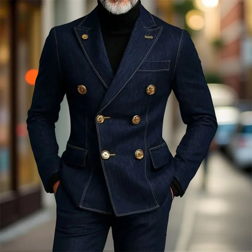 

Джинсовые мужские костюмы, двубортный приталенный комплект из двух предметов, повседневный деловой костюм, пиджак с брюками, элегантная модная одежда
