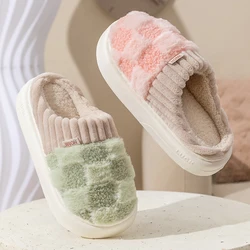 Fashion Couple Winter Toe Wrap Warm Plaid Cotton Slippers Thick Soft Sole Slides Men Women Indoor Floor Flat Home Non-slip Shoes